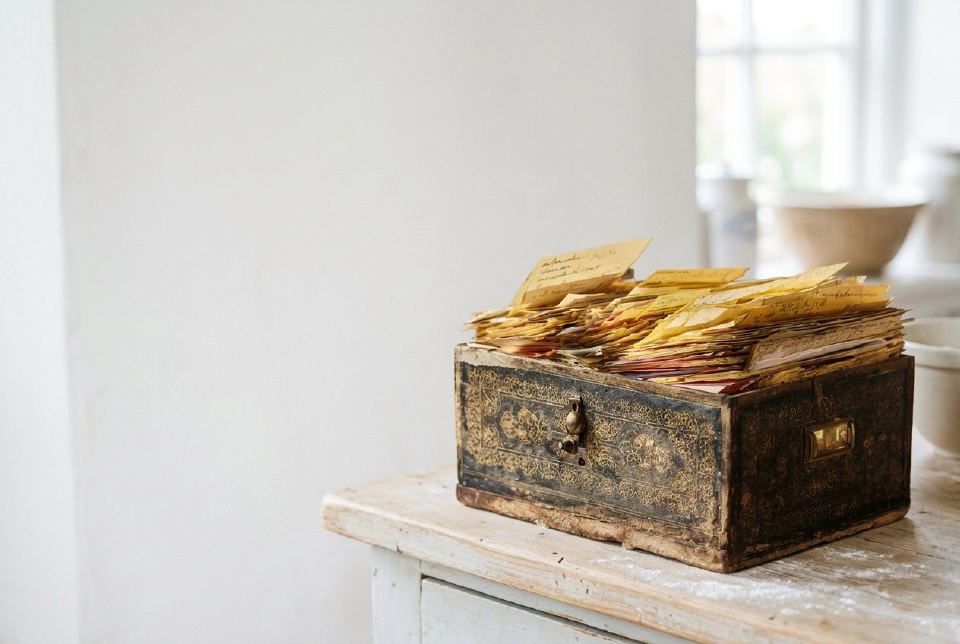 A worn wooden recipe box crammed with handwritten recipe cards on a pale kitchen counter in daylight