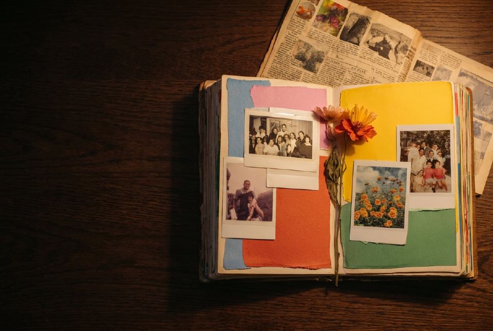 An open family scrapbook of bright colored pages and old snapshots, a dried orange flower across it, on a dark table in lamplight