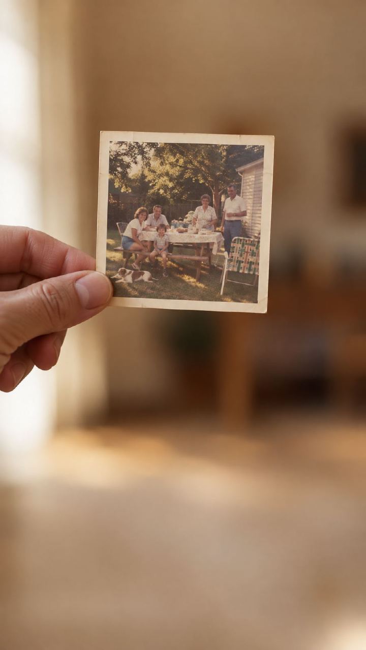 A hand holding a single faded snapshot, a warm room out of focus behind it