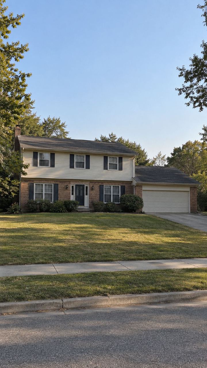 A two-storey brick and clapboard family home on a quiet suburban street in late-afternoon light