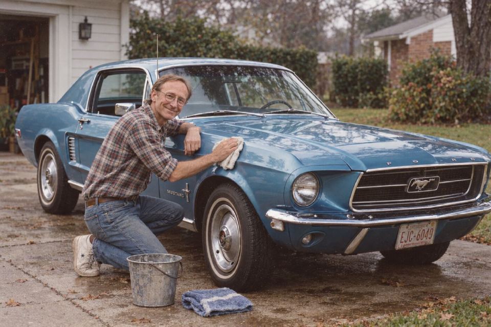 A man polishing a blue 1968 Mustang in a driveway on a summer morning