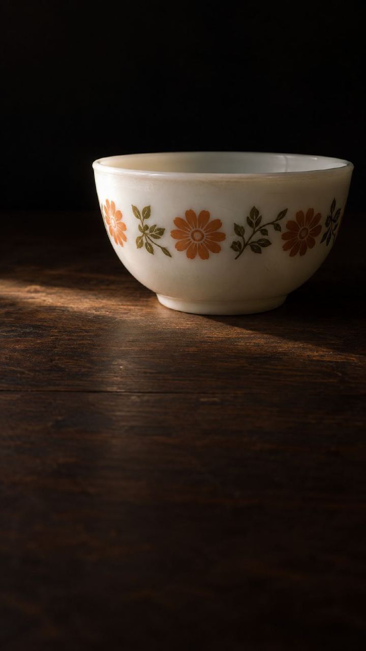 A cream mixing bowl with orange flowers on a dark wooden table in a single shaft of light