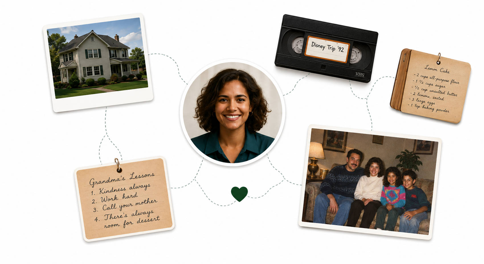 Connected family memories — a home, a person, keepsakes and photos linked together