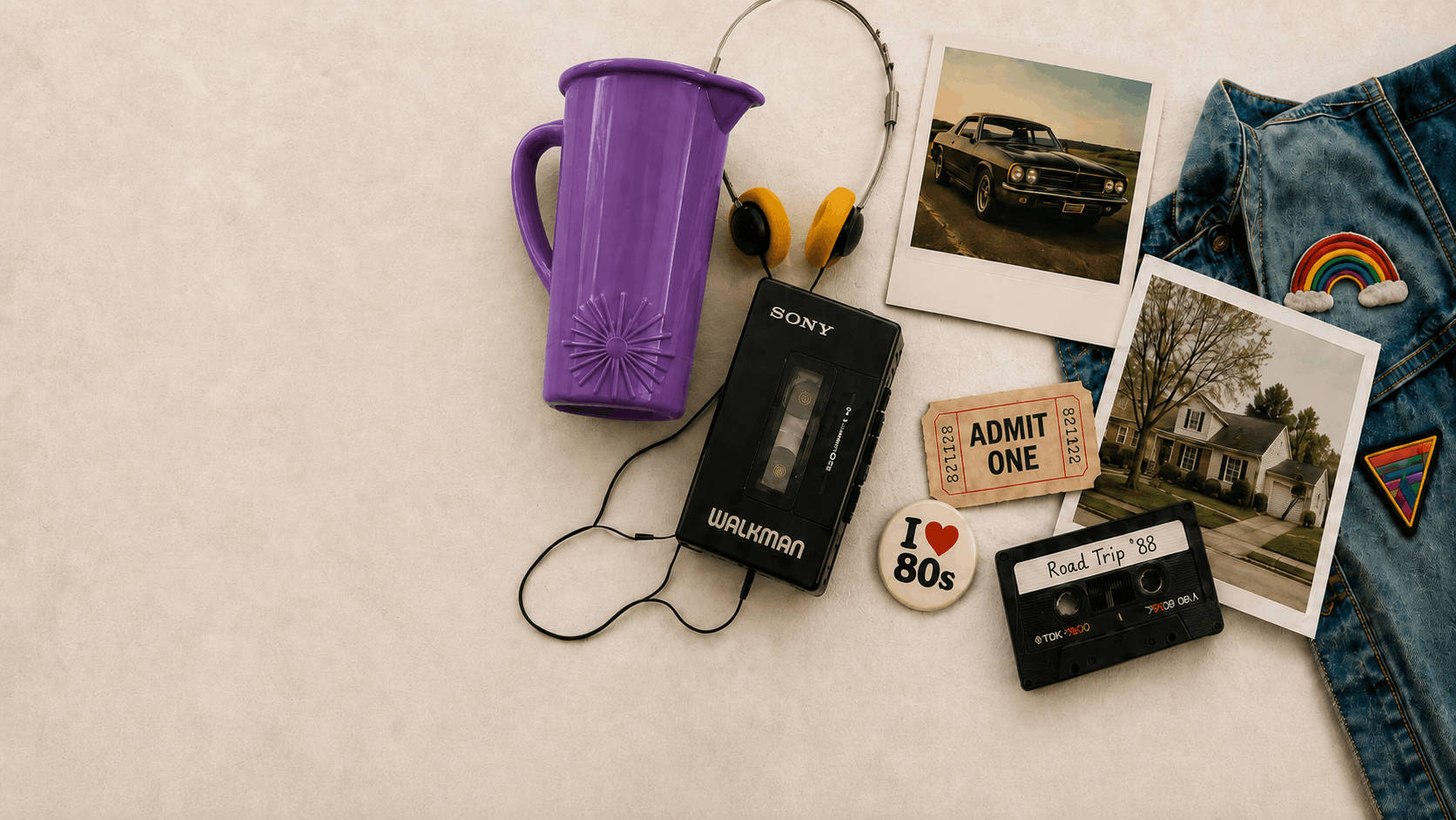 Family heirlooms including a Walkman, polaroid photos, and keepsakes