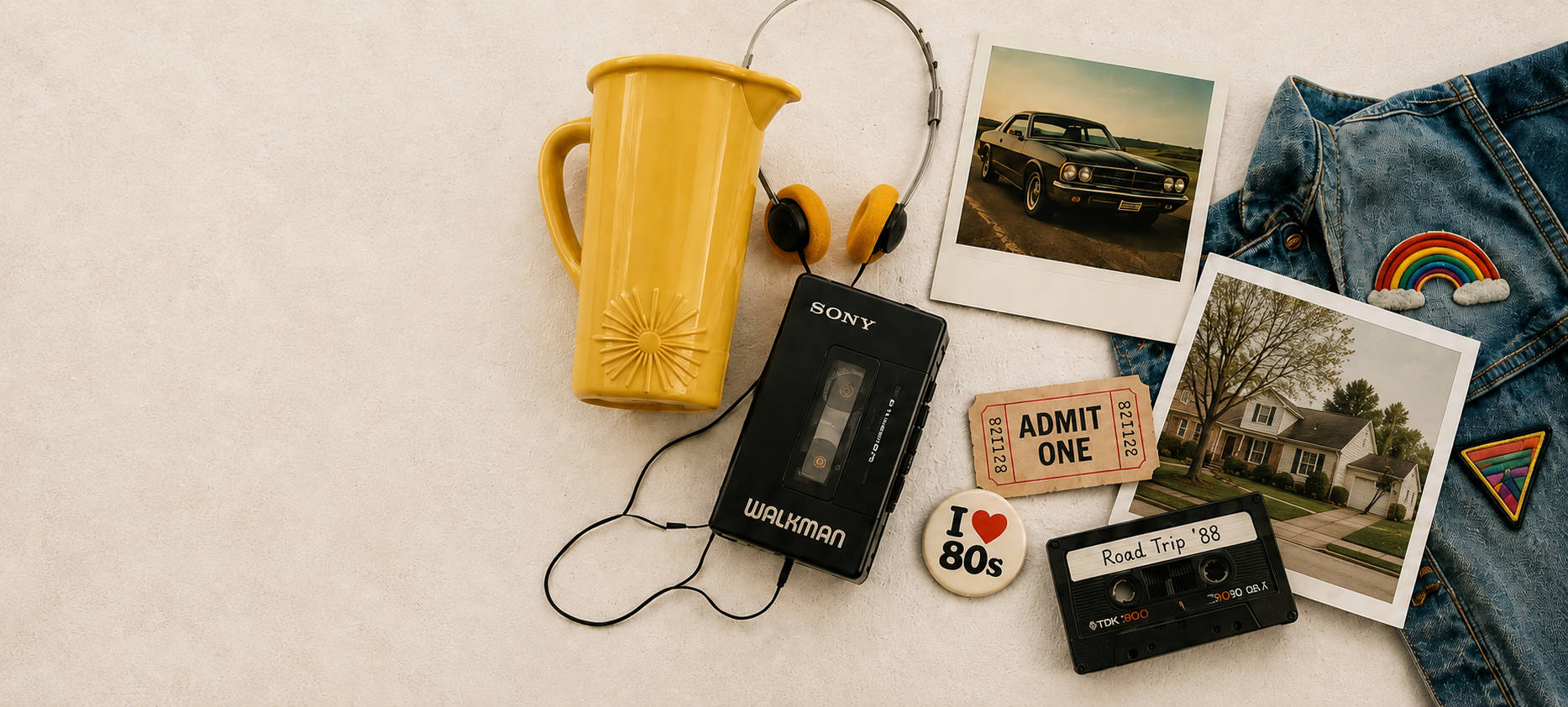 Family heirlooms including a Walkman, polaroid photos, and keepsakes