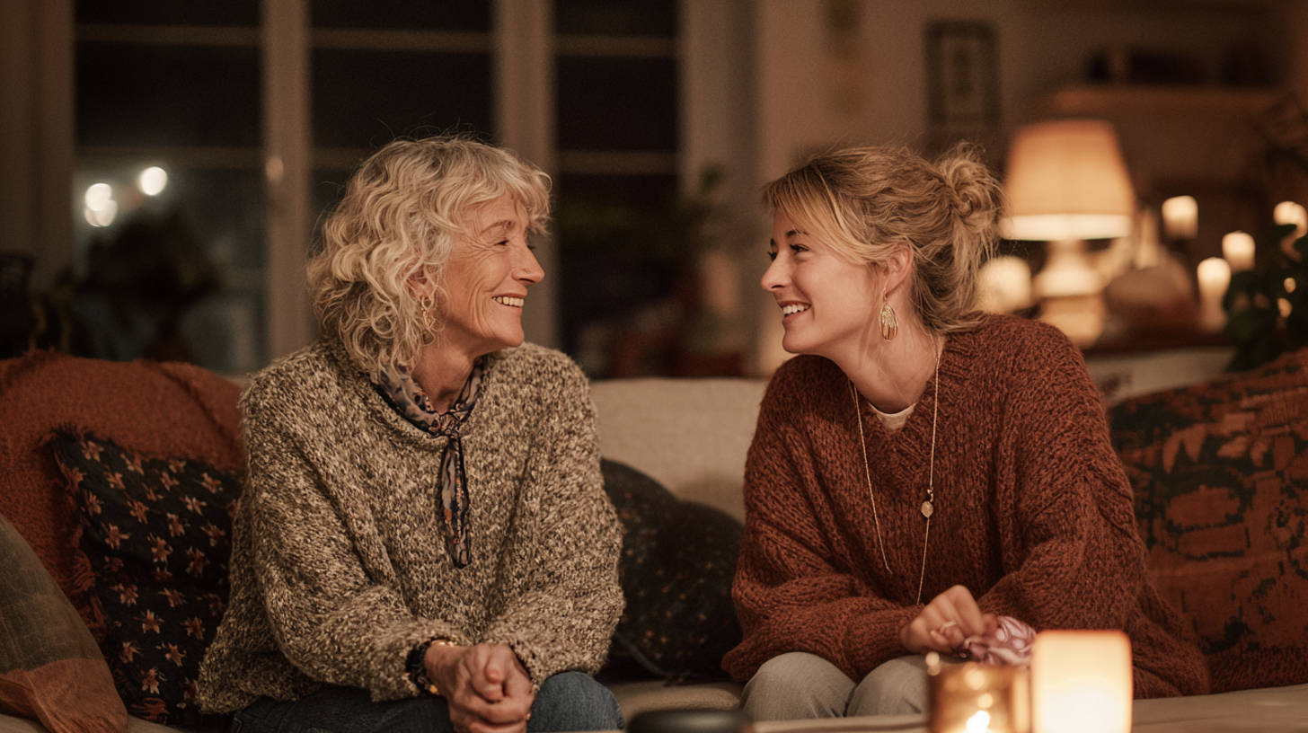 A woman sitting with an older relative, listening as she talks