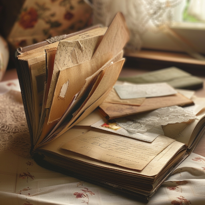 Old family photographs and papers spread across a table